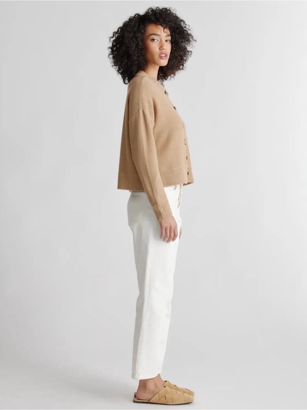 Quince Cropped Tan Button-Up Knit Sweater Cardigan - Picture 2 of 7